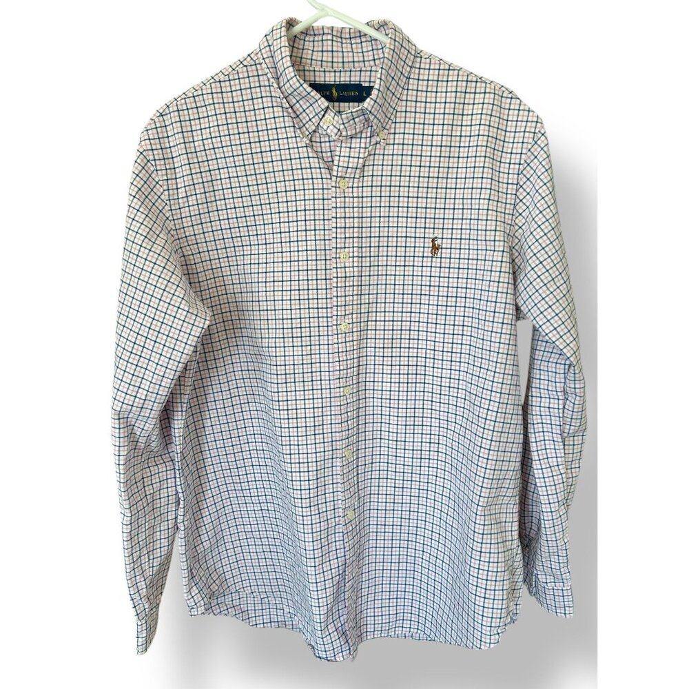 Ralph Lauren Mens Long Sleeve White Pink Window Pane Plaid Button-Down Shirt Wit